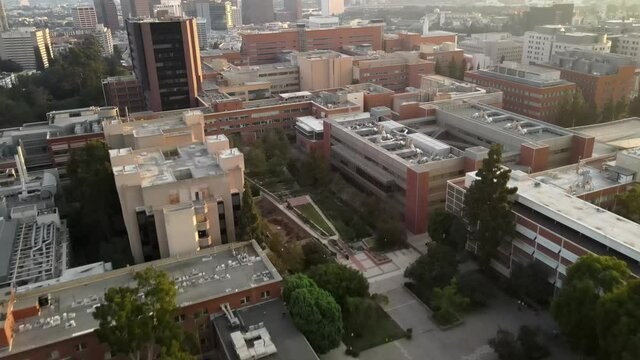 Aerial overlooking rooftops at UCLA Campus, Life Sciences, Biomedical Library, School of Nursing