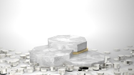 Clean marble hexagon podiums on white background for products with silver cubes, 3D render illustration
