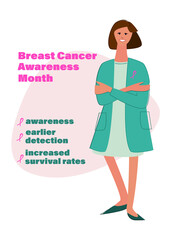 Breast cancer early detection concept. Breast Cancer Awareness Month. Female doctor with pink cancer ribbon, informational text