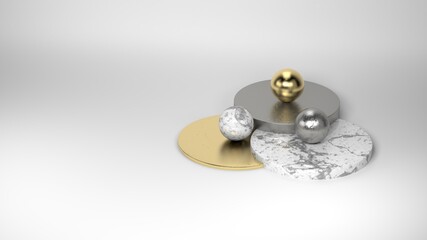 Clean marble, gold and silver disks with spheres on white background, 3D render illustration