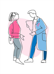 Breast Cancer Awareness Month concept. Conversation between doctor with pink cancer ribbon and female patient. Hand drawn single line vector illustration