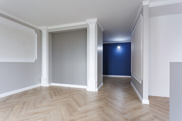 Empty room with minimal preparatory repairs with crown molding. interior of white and gray walls