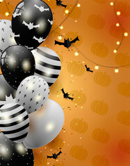 silver and black balloons on an orange background in a pumpkin with sparkles. Create a glow, glitter, sparkles, streamer