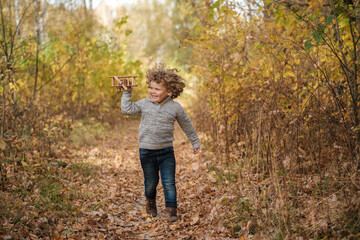cute curly haired boy playing with wooden plane in autumn park