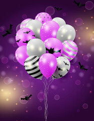 silver and purple air lights bundled, purple background with blur bokeh, glow in the background, bats, illustration, vector