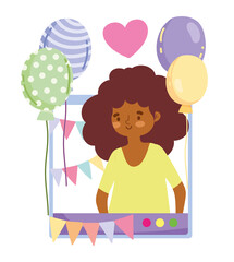 online party, cartoon girl in website celebration balloons decoration