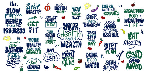 A set of healthy food, fitness, sugar free and detox motivational lettering design. Inscriptions for t-shirts, posters and prints