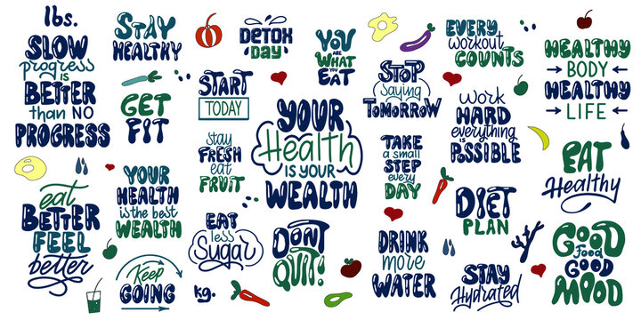 A set of healthy food, fitness, sugar free and detox motivational lettering design. Inscriptions for t-shirts, posters and prints