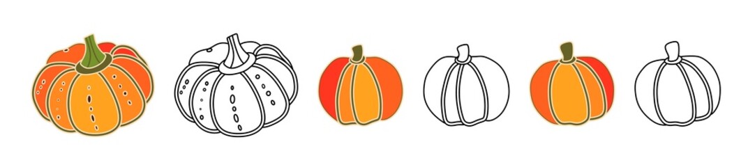 Pumpkins on a white background. Vector illustration of pumpkin. Autumn set of icons. Collection for Halloween and Thanksgiving. Abstract hand drawn decorative pumpkin. Autumn harvest. Food, vegetables