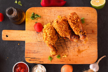 
Delicious homemade crispy fried chicken with sauces on black marble background