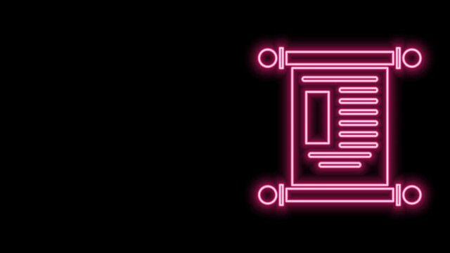Glowing neon line Decree, paper, parchment, scroll icon icon isolated on black background. Chinese scroll. 4K Video motion graphic animation