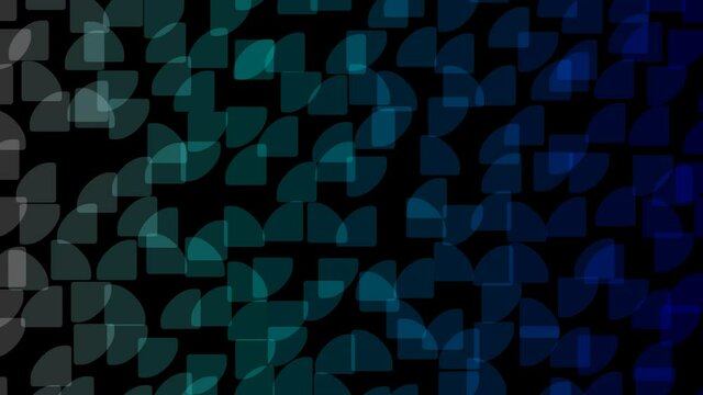 Animation of group of geometrical shapes with several transitions in space during time sequence.