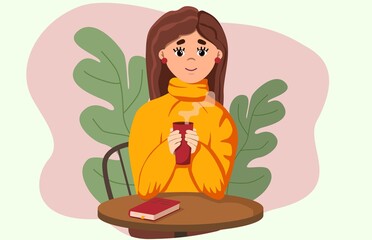 Illustration of a young elegant woman having coffee and book.Stock vector illustration. Girl with coffee.
