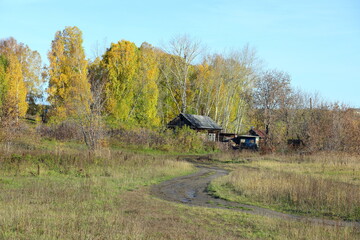 Fototapeta na wymiar Rural landscape with a house in Altai in Russia