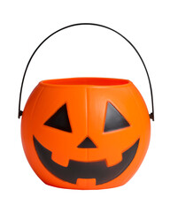 Traditional Jack-o-lantern bucket for celebration Halloween. Orange pumpkin scary smile face Jack-o-lantern. Bucket for candy. Trick or treat and Happy Halloween. White isolated background. © artiom.photo
