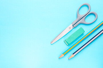 Pupil set. Stationery. Scissors, eraser, pencil.