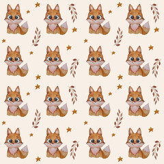 Fox seamless pattern. Cute red fox with a smile vect and stars on a white background. Watercolor. For design and decoration, textiles and packaging. Nice illustration. Hand drawing