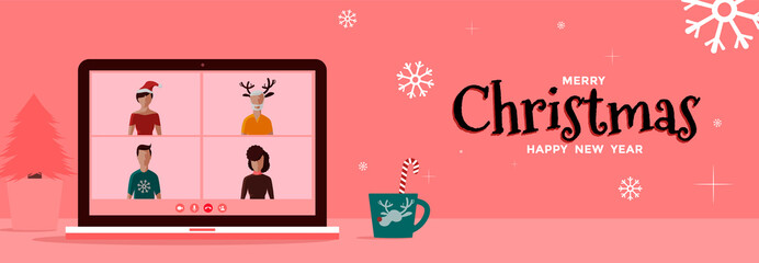 illustration online christmas party with videocall four people celebrate holiday, videochat on laptop copy space. Holidays concept.