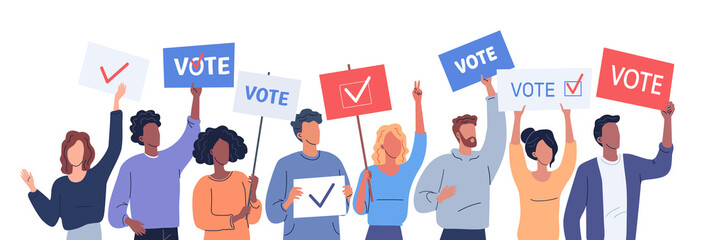 Different people holding posters calling to vote in election day
