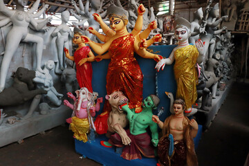 Kumartuli, Kolkata in West Bengal, India on 23rd August, 2019: Clay idol of Hindu Goddess Durga...