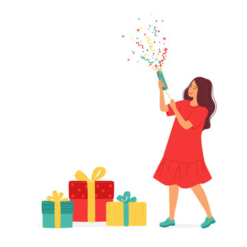 Young happy woman stands with slapstick near wrapped gift boxes. Concept with copy space for congratulations on a win, new year, christmas, birthday, greeting card. Isolated  cute vector illustration