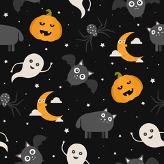 Seamless Black Background with Halloween Cartoon Icons