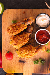 
Delicious homemade crispy fried chicken with sauces on black marble background