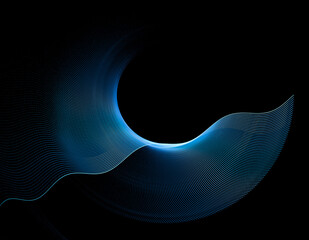 The blue wavy lines form a circular surface and descend at an angle. Graphic design element on black background. 3d rendering. 3d illustration. Icon, symbol, sign.