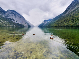 Stunning deep green waters of Konigssee, known as Germany's deepest and cleanest lake, located in the southeast Berchtesgadener Land district of Bavaria, near the Austrian border.
