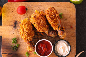 
Delicious homemade crispy fried chicken with sauces on black marble background