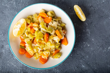 Turkish Cuisine. Leek with Olive Oil / Zeytinyagli Pirasa. Turkish Braised Leeks and Carrots In Olive Oil. Top view.