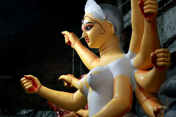 Kumartuli, Kolkata in West Bengal, India on 23rd August, 2019: Clay idol of Hindu Goddess Durga...