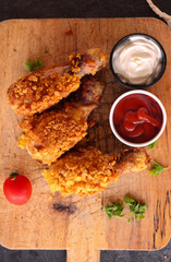 
Delicious homemade crispy fried chicken with sauces on black marble background