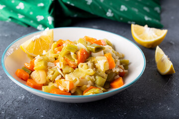 Turkish Cuisine. Leek with Olive Oil / Zeytinyagli Pirasa. Turkish Braised Leeks and Carrots In Olive Oil.