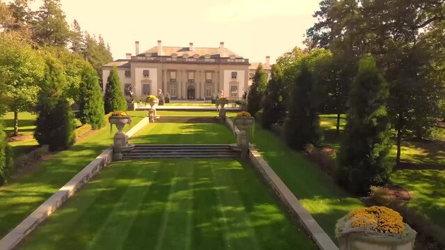 drone footage of nemours mansion in gardens in pennsylvania.
