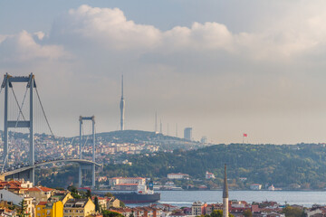 The Bosphorus Bridge crossing between Europe and Asia in Istanbul, Turkey.