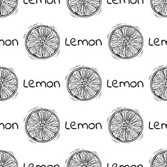 Cartoon black and white half a lemon vector pattern for decorative design.