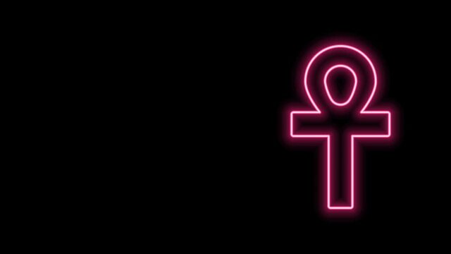 Glowing neon line Cross ankh icon isolated on black background. 4K Video motion graphic animation