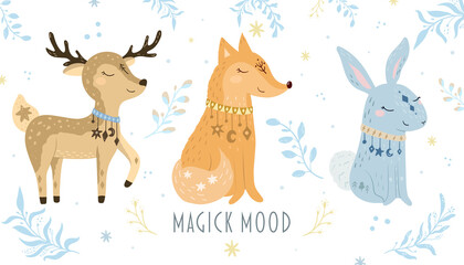 Bohemian illustrations with animals, stars, magic and runes. Cute animals in the Scandinavian style. Hand drawn deer, fox, rabbit, bunny illustration for kids.