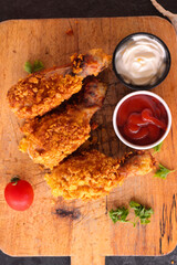 
Delicious homemade crispy fried chicken with sauces on black marble background