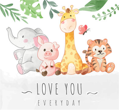 Cute Wild Animal Friend with Love Slogan Illustration 