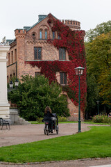 Woman biking through park in front of historic brick building with red ivy in fall in Lund Sweden