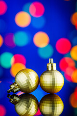 christmas balls on the blue background, christmas greeting card, copy space
