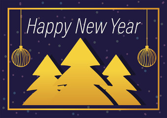 happy new year 2021, pine trees balls decoration season card
