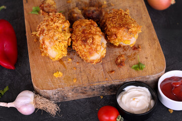 
Delicious homemade crispy fried chicken with sauces on black marble background