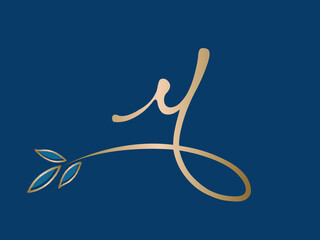 Letter y logo.Typographic icon isolated on dark blue background. Script lettering sign with leaf shapes. Alphabet initial.Luxury, fresh hand drawn style calligraphy for beauty, spa, cosmetics brand.