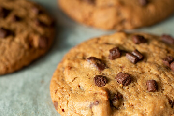 Homemade cookies on cooling tray. Cookies with chocolate on dark wooden background. Homemade Chocolate chip cookies.