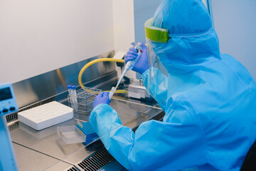 A scientist in PPE safty uniform pipetting sample experiment in biological safety cabinet (BSC).