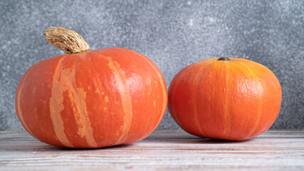 Close up pair of pumpkins on white wooden table. Orange vegetable. Autumnal concept. Halloween preparation.