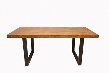 wooden lacquered table with black metal legs on white background 